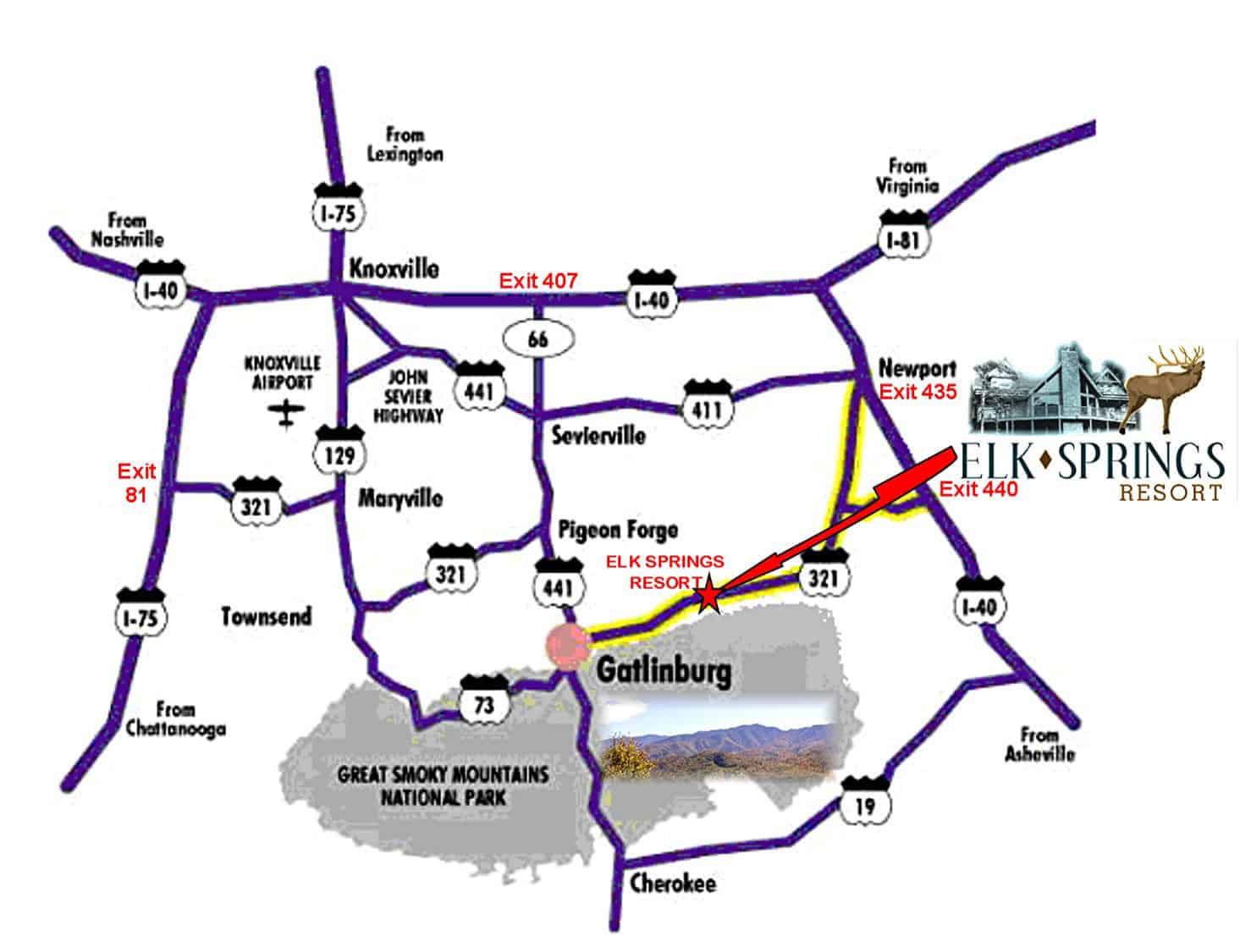 Gatlinburg Cabins - Directions to Elk Springs Resort